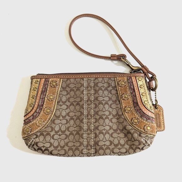 Rare Find-Vintage Coach Signature Logo Canvas/Suede Leather Wristlet Brown/Beige - Picture 2 of 7